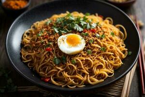 Mouth-watering and Tempting hot spicy noodles Generative AI photo