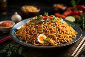 Mouth-watering and Tempting hot spicy noodles Generative AI photo