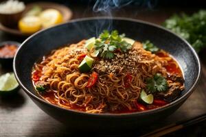 Mouth-watering and Tempting hot spicy noodles Generative AI photo