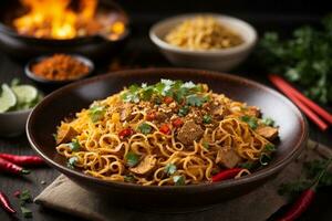Mouth-watering and Tempting hot spicy noodles Generative AI photo