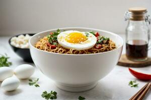 Delicious hot spicy noodles by Generative AI photo