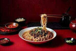 Delicious hot spicy noodles by Generative AI photo