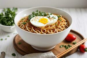 Delicious hot spicy noodles by Generative AI photo