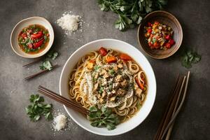 Delicious hot spicy noodles by Generative AI photo