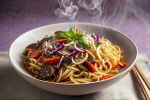 Delicious hot spicy noodles by Generative AI photo