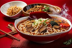 Delicious hot spicy noodles by Generative AI photo