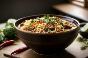 Mouth-watering noodles with a hint of spice Generative AI photo