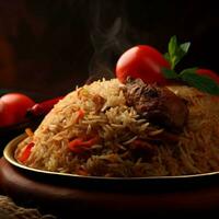 A Mouthwatering Biryani with Basmati Rice that was Absolutely Delicious by Generative AI photo