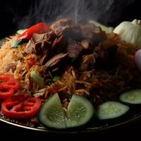 A Mouthwatering Biryani with Basmati Rice that was Absolutely Delicious by Generative AI photo