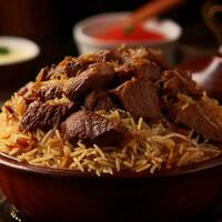 A Mouthwatering Biryani with Basmati Rice that was Absolutely Delicious by Generative AI photo