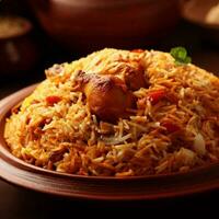 A Mouthwatering Biryani with Basmati Rice that was Absolutely Delicious by Generative AI photo