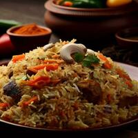 A Mouthwatering Biryani with Basmati Rice that was Absolutely Delicious by Generative AI photo