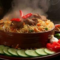 A Mouthwatering Biryani with Basmati Rice that was Absolutely Delicious by Generative AI photo