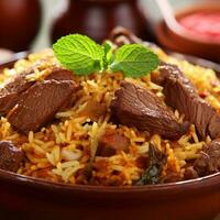 Tempting Biryani with Basmati Rice that was Absolutely Delicious by Generative AI photo