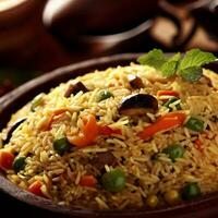 tentador Biryani con basmati arroz ese estaba absolutamente delicioso por generativo ai foto