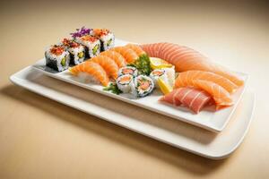 Mouthwatering fresh seafood plate with sushi sashimi and wasabi Generative AI photo