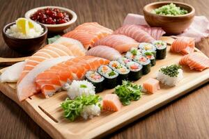 Mouthwatering fresh seafood plate with sushi sashimi and wasabi Generative AI photo