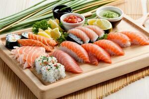 Mouthwatering fresh seafood plate with sushi sashimi and wasabi Generative AI photo