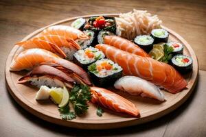 Temptingly and Delicious Fresh Seafood with Sushi, Sashimi and Wasabi by Generative AI photo