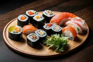 Mouthwatering Seafood Delight with Sushi, Sashimi and Wasabi by Generative AI photo