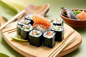 Mouthwatering Seafood Delight with Sushi, Sashimi and Wasabi by Generative AI photo
