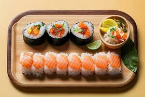 Mouthwatering Seafood Delight with Sushi, Sashimi and Wasabi by Generative AI photo