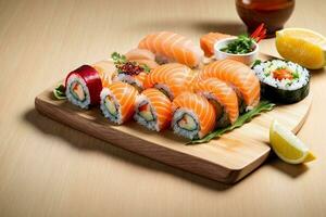 Mouthwatering Seafood Delight with Sushi, Sashimi and Wasabi by Generative AI photo