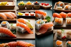 Mouthwatering Seafood Delight with Sushi, Sashimi and Wasabi by Generative AI photo