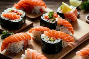 Mouthwatering Seafood Delight with Sushi, Sashimi and Wasabi by Generative AI photo