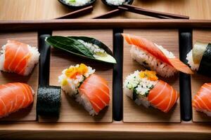 Mouthwatering Seafood Delight with Sushi, Sashimi and Wasabi by Generative AI photo
