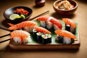 Mouthwatering Seafood Delight with Sushi, Sashimi and Wasabi by Generative AI photo