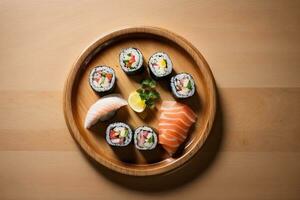 Mouthwatering Seafood Delight with Sushi, Sashimi and Wasabi by Generative AI photo