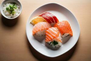 Savory fresh seafood plate with a simple background by Generative AI photo