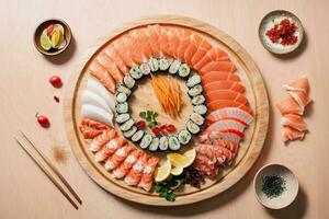 Savory fresh seafood plate with a simple background by Generative AI photo