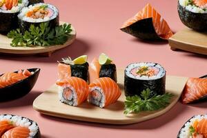 Gourmet Seafood Presentation with Sushi, Sashimi and Wasabi by Generative AI photo