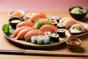 gastrónomo japonés comida Sushi, sashimi y wasabi por generativo ai foto