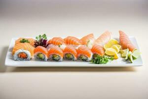 Tempting Fresh Seafood Delight with Sushi, Sashimi and Wasabi by Generative AI photo