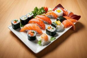 Tempting Fresh Seafood Delight with Sushi, Sashimi and Wasabi by Generative AI photo