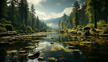 Tranquil scene of a mountain range reflected in a peaceful pond generated by AI photo