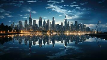 un ciudad horizonte con un grupo de iluminado rascacielos a noche. generativo ai foto