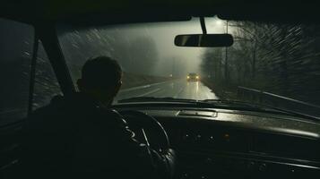 un coche exceso de velocidad abajo un brumoso autopista debajo el oscuro resplandor de sus faros generativo ai generativo ai foto