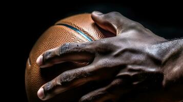 Close-up shot of hands holding a basketball. Generative AI photo