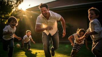 un familia jugando persecución en su jardín. generativo ai foto