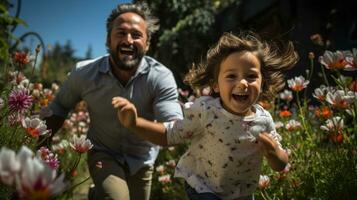 A family playing chase in their garden. Generative AI photo