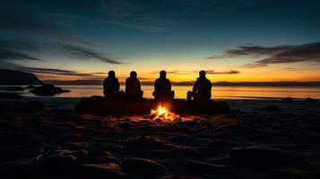 Group of friends standing by the campfire on the beach. Generative AI photo