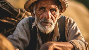 An elderly farmer man sitting in his traditional clothes. Generative AI photo