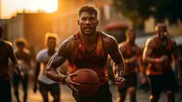 joven personas jugando baloncesto en el calle. generativo ai foto