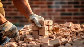 un trabajador edificio un ladrillo pared. generativo ai foto