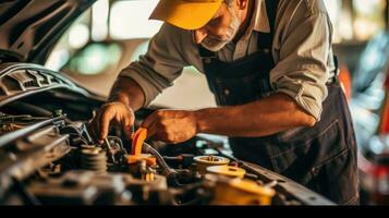 Man repairing the car's engine. Generative AI photo