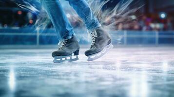 de cerca de un hielo patinador pies. generativo ai foto